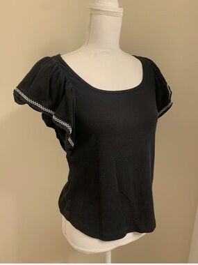 Anthropologie Black Scoop Neck Flutter Sleeve Top